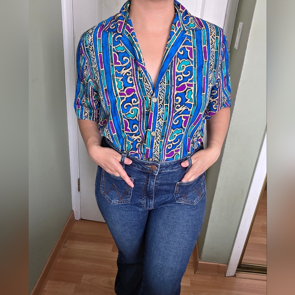 Vintage Colorful Geometric Button-Up Shirt Retro 80s 90s Size Small Oversized
